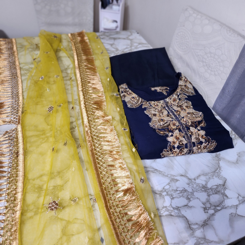 Elegant Navy and Gold Embroidered Wedding Dress